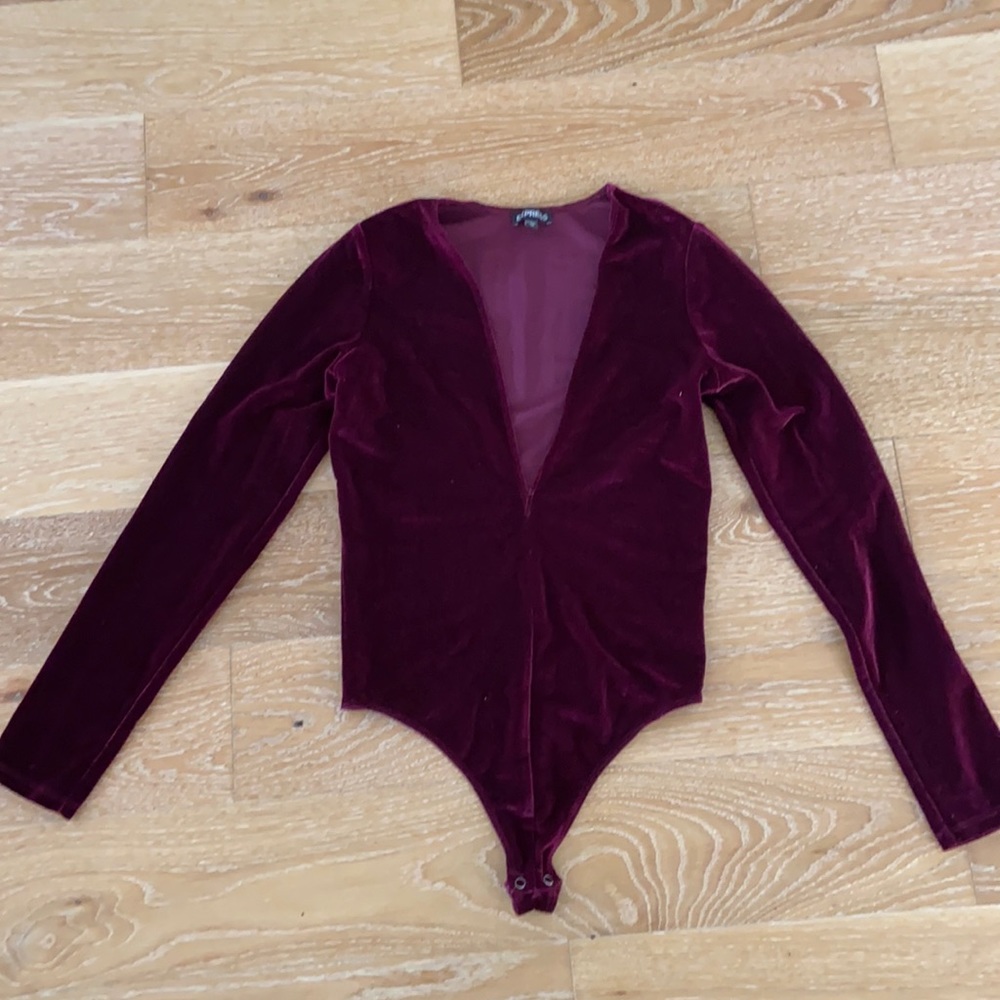 Maroon Velvet Deep V-Neck Bodysuit